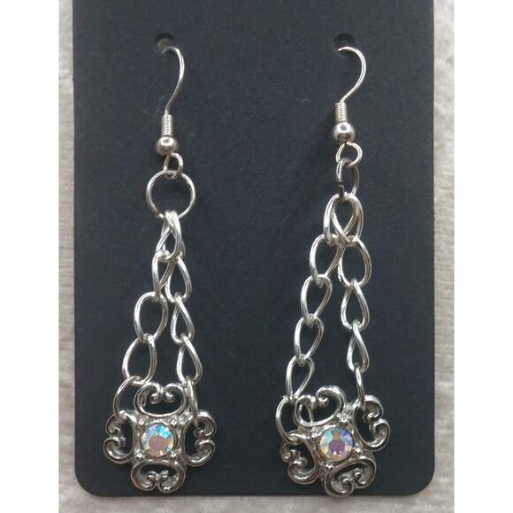 Chandelier Filigree Crystal Dangle Earrings AB Silver Tone Chain Maille Flower - Picture 9 of 12